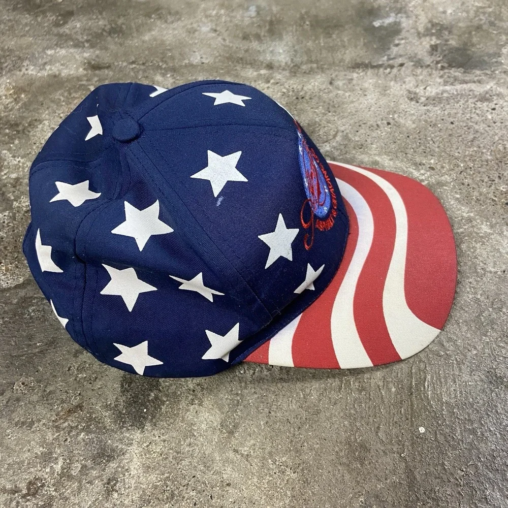 Vintage 80s American Asphalt Cap Snap Back Adjustable Flag Print Construction